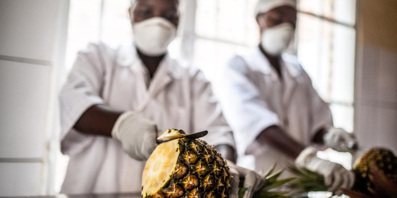 Women peel pineapples at the Tuzamurane pineapple cooperative processing plant in Eastern Rwanda, Kirehe District. Aurelie Marrier d'Unienville / Oxfam