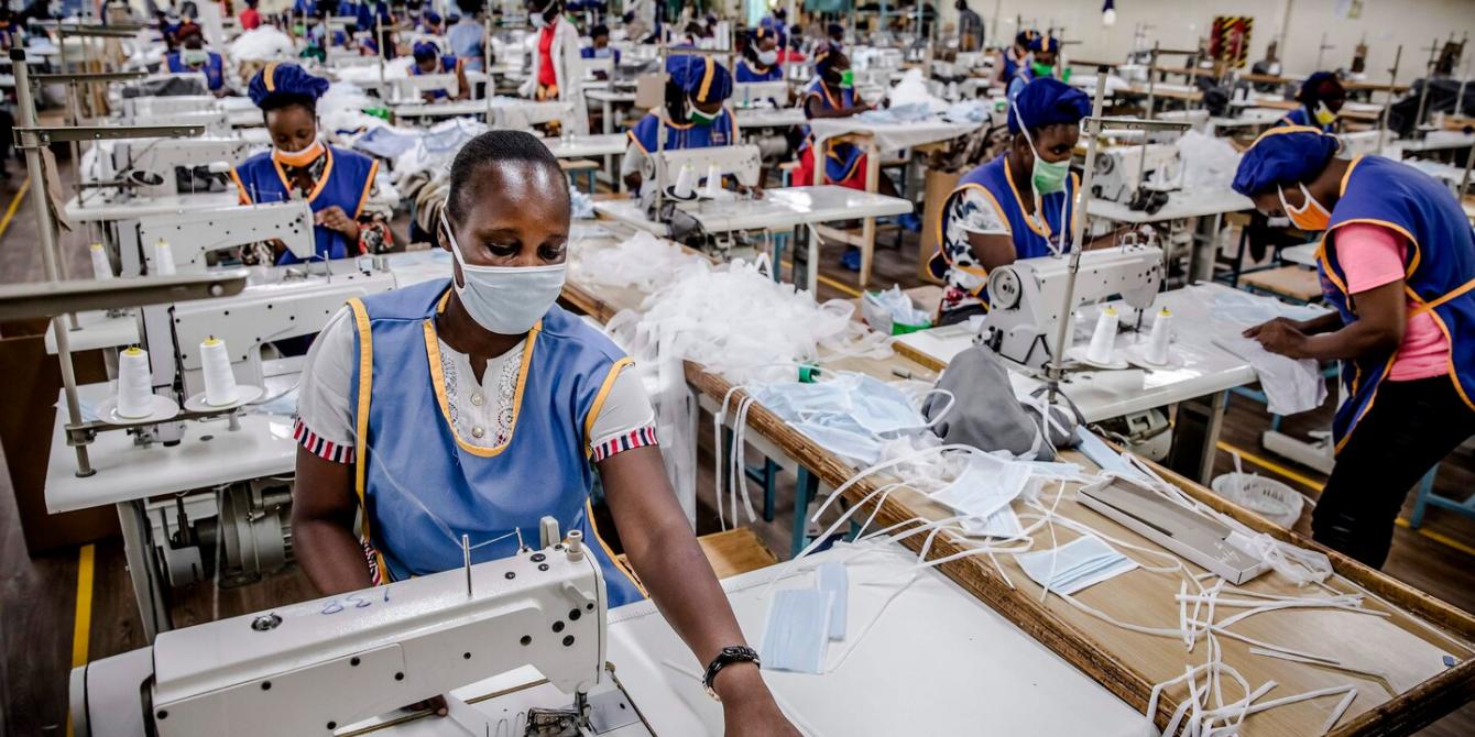 A worker produces face masks at the Kitui County Textile Center in Kitui, Kenya, which was converted to produce masks. Photo by Luis Tato/AFP/Getty Images. Source: Washington Post.