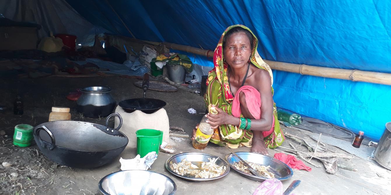 Jitini Devi Sada in her makeshift home on an embankment in Rampur Malhaniya of Saptari district. Jitini Devi Sada in her makeshift home on an embankment in Rampur Malhaniya of Saptari district.