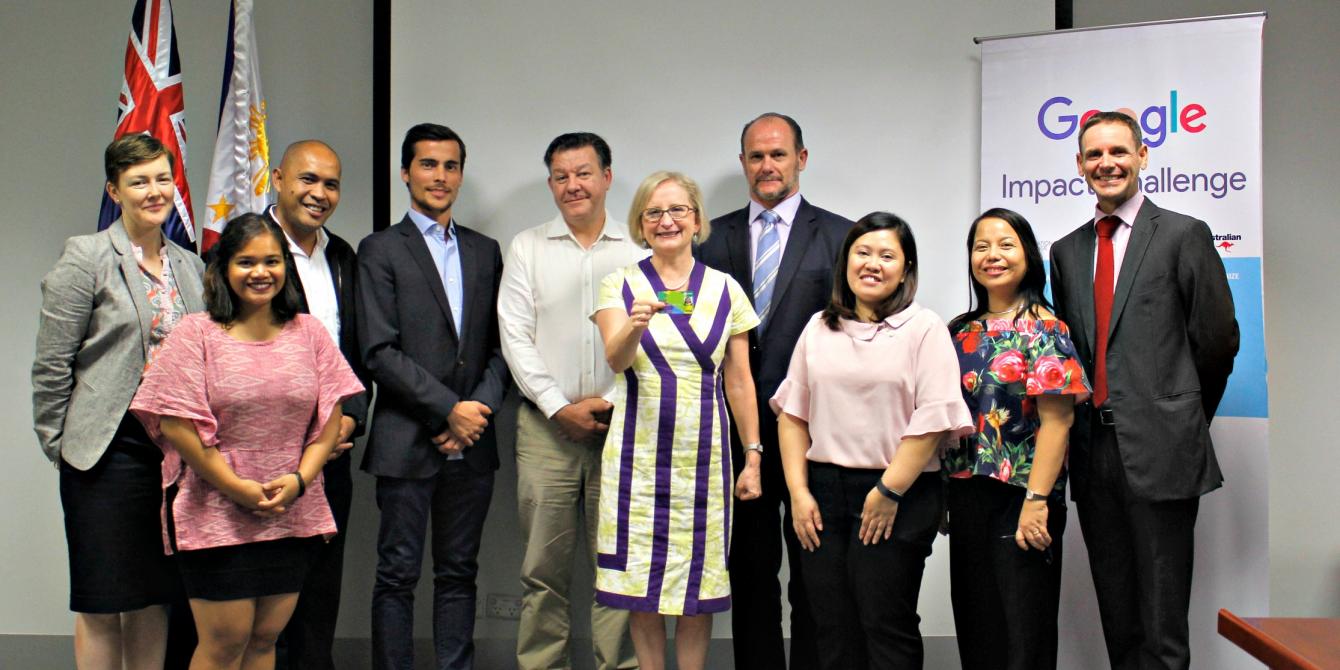 Australian Ambassador to the Philippines H.E. Amanda Gorely led the awarding of the Google Impact Challenge "Technology Against Poverty" Prize to Oxfam's I AFFORD Project. Joining the launch were partners from Visa and PayMaya, represented by Stuart Tomlinson (Country Manager from Philippines and Guam, Visa) and Paolo Azzola (Managing Director and COO, PayMaya).