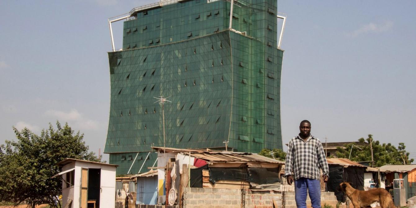 Peter Akmtter is a construction worker on one of the high-rise buildings shooting up in Ghana’s capital, Accra. He and many of the workers live with their families in makeshift houses on or close to the building-sites. Photo: Lotte Ærsøe/Oxfam